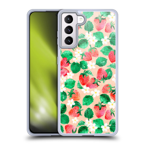 Micklyn Le Feuvre Flora And Fauna Strawberry Watercolor in Peach Soft Gel Case for Samsung Galaxy S21+ 5G