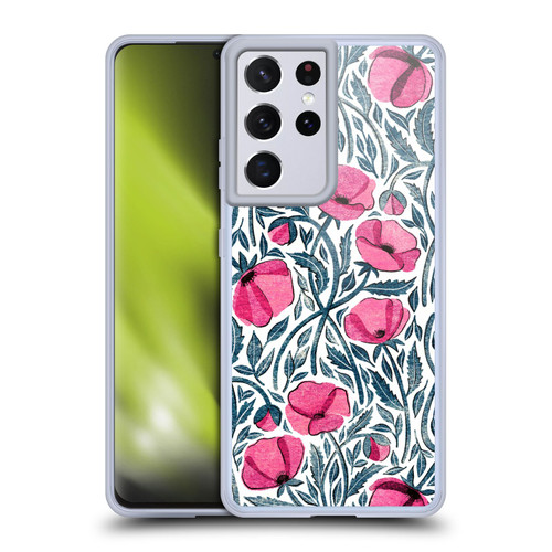 Micklyn Le Feuvre Flora And Fauna Hot Pink Block Print Poppies Soft Gel Case for Samsung Galaxy S21 Ultra 5G