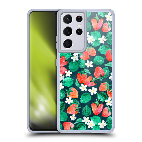 Micklyn Le Feuvre Flora And Fauna Strawberry Watercolor in Blue Soft Gel Case for Samsung Galaxy S21 Ultra 5G