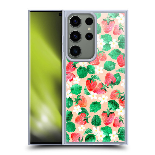 Micklyn Le Feuvre Flora And Fauna Strawberry Watercolor in Peach Soft Gel Case for Samsung Galaxy S23 Ultra 5G
