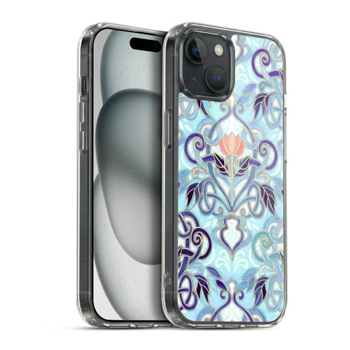 Micklyn Le Feuvre Patterns 2 Indigo Blue Art Nouveau With Peach Flowers Soft Gel Case for Apple iPhone 15 Plus & MagSafe