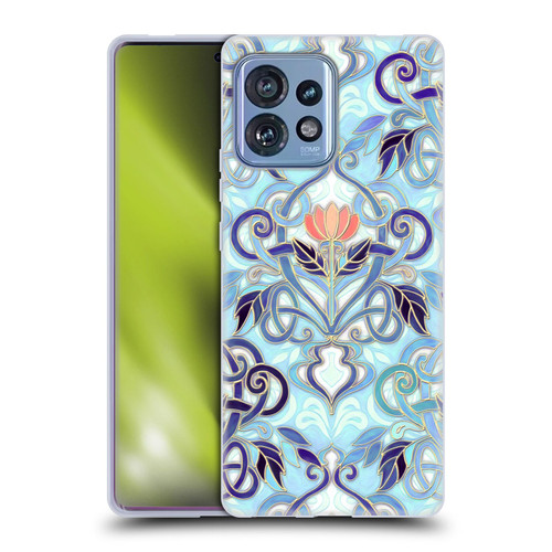 Micklyn Le Feuvre Patterns 2 Indigo Blue Art Nouveau With Peach Flowers Soft Gel Case for Motorola Moto Edge 40 Pro