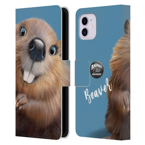 Animal Club International Faces Beaver Leather Book Wallet Case Cover For Apple iPhone 11