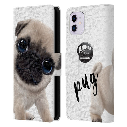 Animal Club International Faces Pug Leather Book Wallet Case Cover For Apple iPhone 11