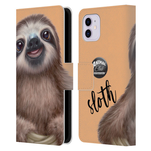 Animal Club International Faces Sloth Leather Book Wallet Case Cover For Apple iPhone 11