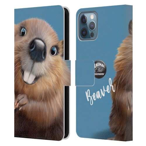 Animal Club International Faces Beaver Leather Book Wallet Case Cover For Apple iPhone 12 / iPhone 12 Pro