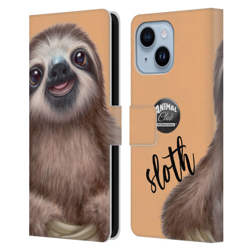 Animal Club International Faces Sloth Leather Book Wallet Case Cover For Apple iPhone 14 Plus