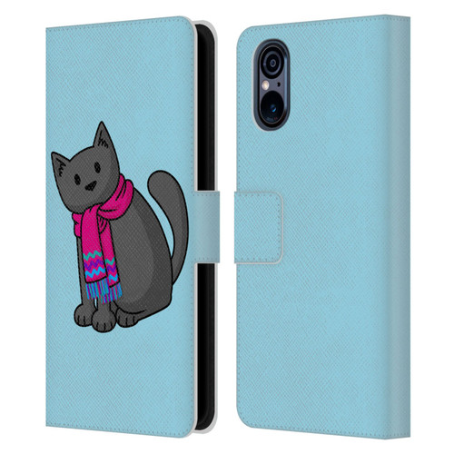 Beth Wilson Doodlecats Cold In A Scarf Leather Book Wallet Case Cover For Sony Xperia 5 V 5G