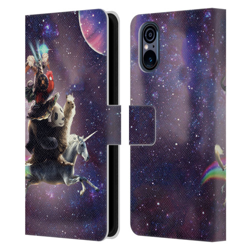 Random Galaxy Space Llama Unicorn Space Ride Leather Book Wallet Case Cover For Sony Xperia 5 V 5G