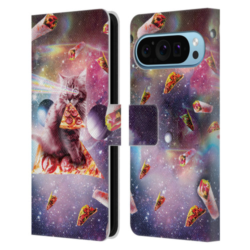 Random Galaxy Space Pizza Ride Outer Space Lazer Cat Leather Book Wallet Case Cover For Google Pixel 9 / Pixel 9 Pro