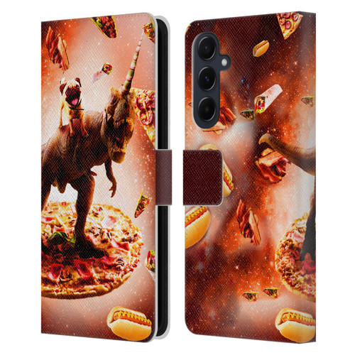 Random Galaxy Space Pizza Ride Pug & Dinosaur Unicorn Leather Book Wallet Case Cover For Samsung Galaxy A55 5G