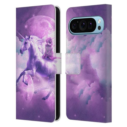 Random Galaxy Space Unicorn Ride Purple Galaxy Cat Leather Book Wallet Case Cover For Google Pixel 9 / Pixel 9 Pro