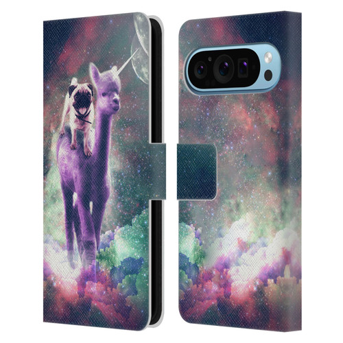Random Galaxy Space Unicorn Ride Pug Riding Llama Leather Book Wallet Case Cover For Google Pixel 9 / Pixel 9 Pro