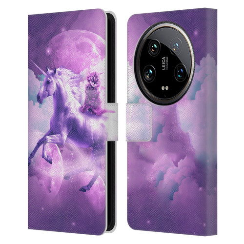 Random Galaxy Space Unicorn Ride Purple Galaxy Cat Leather Book Wallet Case Cover For Xiaomi 14 Ultra