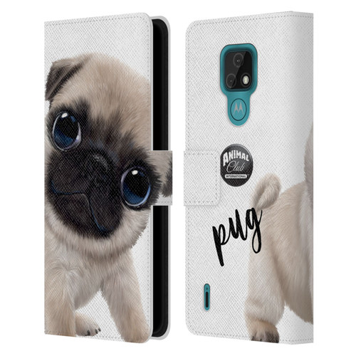 Animal Club International Faces Pug Leather Book Wallet Case Cover For Motorola Moto E7