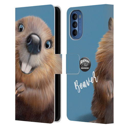 Animal Club International Faces Beaver Leather Book Wallet Case Cover For Motorola Moto G41