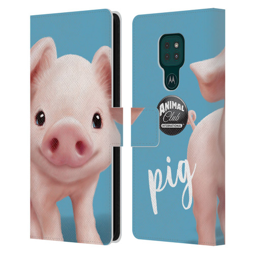 Animal Club International Faces Pig Leather Book Wallet Case Cover For Motorola Moto G9 Play
