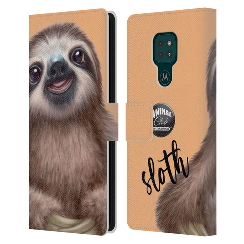 Animal Club International Faces Sloth Leather Book Wallet Case Cover For Motorola Moto G9 Play