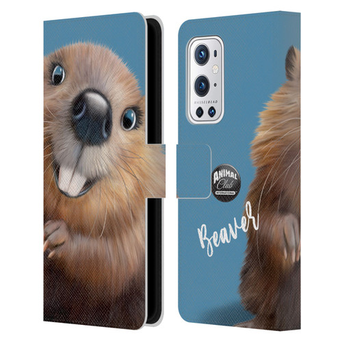 Animal Club International Faces Beaver Leather Book Wallet Case Cover For OnePlus 9 Pro