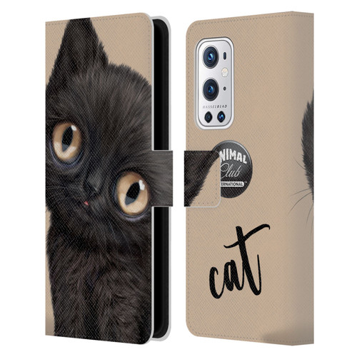 Animal Club International Faces Black Cat Leather Book Wallet Case Cover For OnePlus 9 Pro