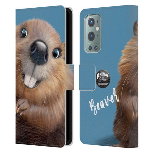 Animal Club International Faces Beaver Leather Book Wallet Case Cover For OnePlus 9