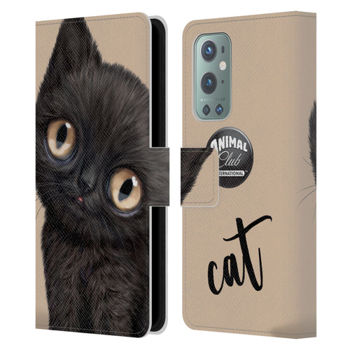 Animal Club International Faces Black Cat Leather Book Wallet Case Cover For OnePlus 9