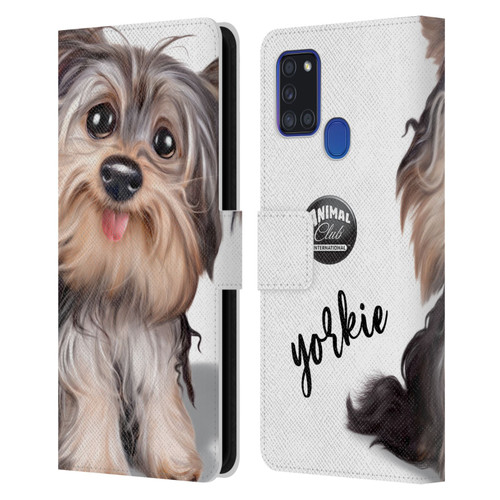 Animal Club International Faces Yorkie Leather Book Wallet Case Cover For Samsung Galaxy A21s (2020)