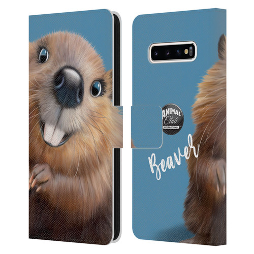 Animal Club International Faces Beaver Leather Book Wallet Case Cover For Samsung Galaxy S10+ / S10 Plus