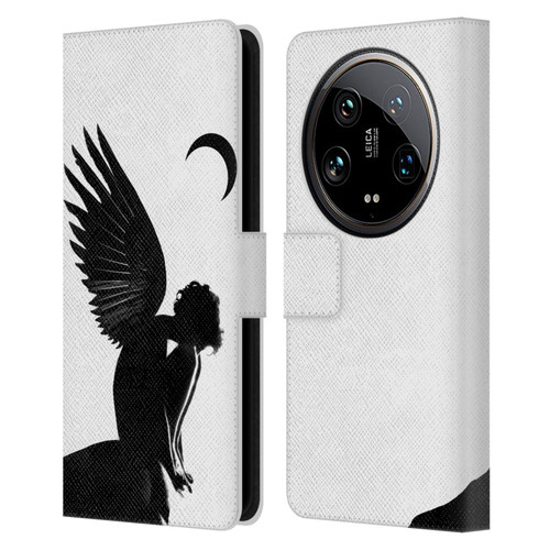 LouiJoverArt Black And White Angel Leather Book Wallet Case Cover For Xiaomi 14 Ultra