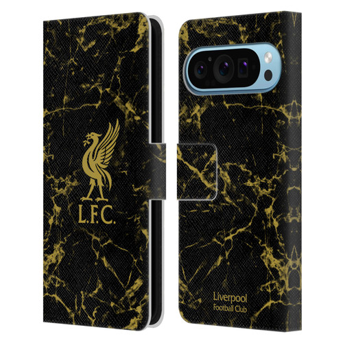 Liverpool Football Club Crest & Liverbird Patterns 1 Black & Gold Marble Leather Book Wallet Case Cover For Google Pixel 9 / Pixel 9 Pro