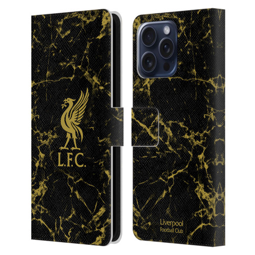 Liverpool Football Club Crest & Liverbird Patterns 1 Black & Gold Marble Leather Book Wallet Case Cover For Apple iPhone 16 Pro Max