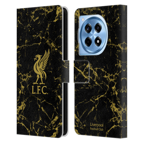 Liverpool Football Club Crest & Liverbird Patterns 1 Black & Gold Marble Leather Book Wallet Case Cover For OnePlus 12R