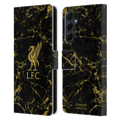 Liverpool Football Club Crest & Liverbird Patterns 1 Black & Gold Marble Leather Book Wallet Case Cover For Samsung Galaxy A55 5G