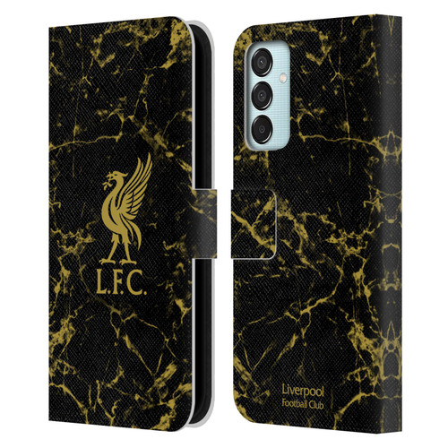 Liverpool Football Club Crest & Liverbird Patterns 1 Black & Gold Marble Leather Book Wallet Case Cover For Samsung Galaxy M15/F15 5G