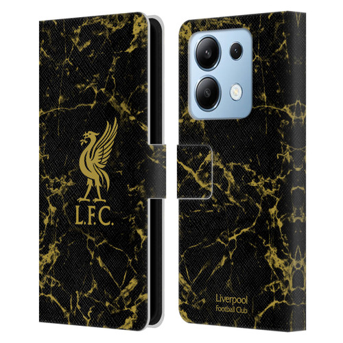 Liverpool Football Club Crest & Liverbird Patterns 1 Black & Gold Marble Leather Book Wallet Case Cover For Xiaomi Redmi Note 13/13 Pro 5G