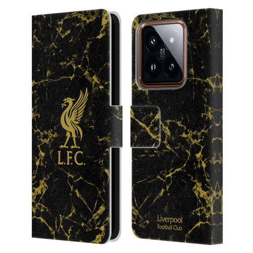 Liverpool Football Club Crest & Liverbird Patterns 1 Black & Gold Marble Leather Book Wallet Case Cover For Xiaomi 14