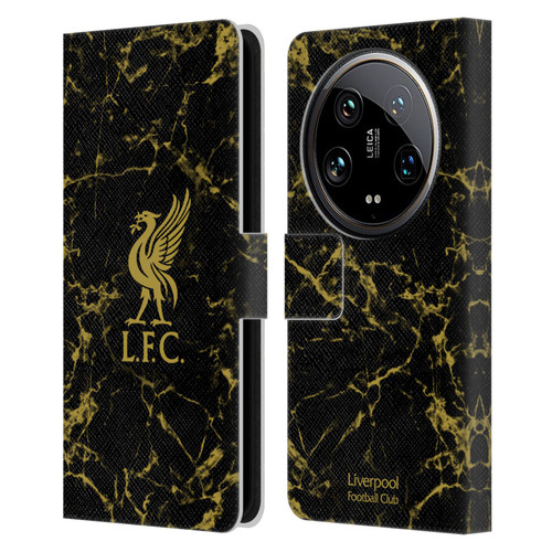 Liverpool Football Club Crest & Liverbird Patterns 1 Black & Gold Marble Leather Book Wallet Case Cover For Xiaomi 14 Ultra