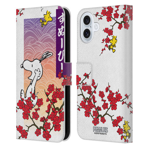 Peanuts Oriental Snoopy Cherry Blossoms 2 Leather Book Wallet Case Cover For Apple iPhone 16 Plus