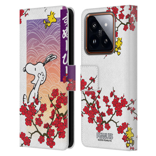 Peanuts Oriental Snoopy Cherry Blossoms 2 Leather Book Wallet Case Cover For Xiaomi 14