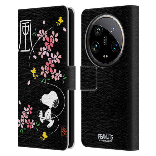 Peanuts Oriental Snoopy Cherry Blossoms Leather Book Wallet Case Cover For Xiaomi 14 Ultra