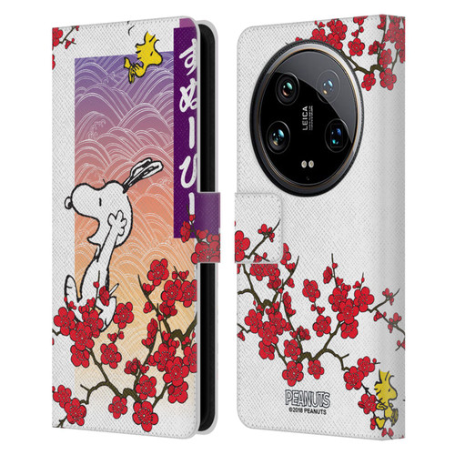 Peanuts Oriental Snoopy Cherry Blossoms 2 Leather Book Wallet Case Cover For Xiaomi 14 Ultra
