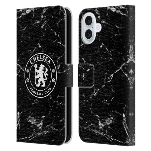 Chelsea Football Club Crest Black Marble Leather Book Wallet Case Cover For Apple iPhone 16 Plus