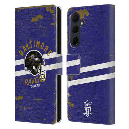 NFL Baltimore Ravens Logo Art Helmet Distressed Leather Book Wallet Case Cover For Samsung Galaxy A35 5G