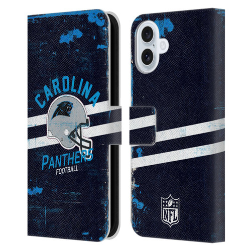 NFL Carolina Panthers Logo Art Helmet Distressed Leather Book Wallet Case Cover For Apple iPhone 16 Plus