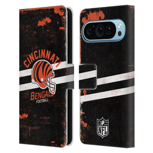 NFL Cincinnati Bengals Logo Art Helmet Distressed Leather Book Wallet Case Cover For Google Pixel 9 / Pixel 9 Pro