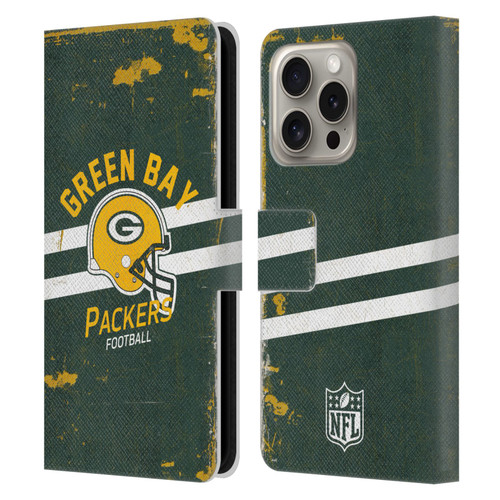 NFL Green Bay Packers Logo Art Helmet Distressed Leather Book Wallet Case Cover For Apple iPhone 16 Pro