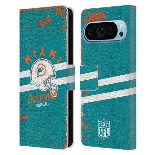 NFL Miami Dolphins Logo Art Helmet Distressed Leather Book Wallet Case Cover For Google Pixel 9 / Pixel 9 Pro