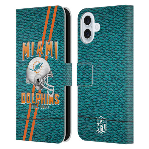 NFL Miami Dolphins Logo Art Football Stripes Leather Book Wallet Case Cover For Apple iPhone 16 Plus
