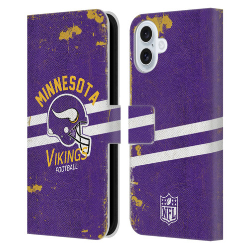 NFL Minnesota Vikings Logo Art Helmet Distressed Leather Book Wallet Case Cover For Apple iPhone 16 Plus