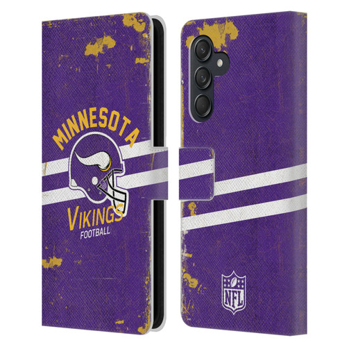 NFL Minnesota Vikings Logo Art Helmet Distressed Leather Book Wallet Case Cover For Samsung Galaxy M55 5G